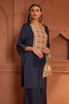 Tasuvure Indes_Blue Satin Silk Embroidered Thread Round Kiri Yoke Kaftan With Flared Pant _Online_at_Aza_Fashions