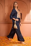 Buy_Tasuvure Indes_Blue Satin Silk Embroidered Thread Round Kiri Yoke Kaftan With Flared Pant _Online_at_Aza_Fashions