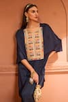 Shop_Tasuvure Indes_Blue Satin Silk Embroidered Thread Round Kiri Yoke Kaftan With Flared Pant _Online_at_Aza_Fashions