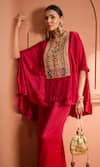 Shop_Tasuvure Indes_Red Satin Silk Embroidered Thread Round Kiri Kaftan With Flared Pant _at_Aza_Fashions