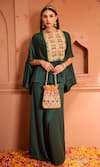 Tasuvure Indes_Green Satin Silk Embroidered Thread Round Kiri Kaftan With Pant _at_Aza_Fashions