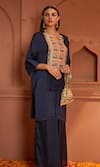 Tasuvure Indes_Blue Satin Silk Embroidered Thread Round Kiri Yoke Kaftan With Pant _Online_at_Aza_Fashions