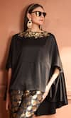 Tasuvure Indes_Black Brocade Silk Embroidered Sequin Kiri Kaftan With Floral Veil Detailed Pant _at_Aza_Fashions