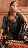 Tasuvure Indes_Green Brocade Silk Embroidered Sequin Round Kiri Kaftan With Floral Veil Pant _Online_at_Aza_Fashions