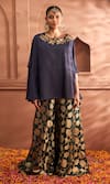 Tasuvure Indes_Blue Brocade Silk Embroidered Sequin Round Kiri Kaftan With Floral Veil Pant _Online_at_Aza_Fashions