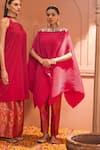 Tasuvure Indes_Fuchsia Pleated Silk Embroidered Floral One Shoulder Cape And Pant Set _Online_at_Aza_Fashions