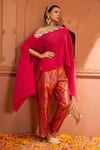 Tasuvure Indes_Pink Pleated Silk Embroidered Floral One Shoulder Divine Neck Cape With Pant _at_Aza_Fashions