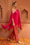 Shop_Tasuvure Indes_Fuchsia Pleated Silk Embroidered Floral One Shoulder Cape And Pant Set 