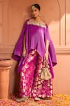 Buy_Tasuvure Indes_Purple Pleated Silk Embroidered Floral One Divine Neck Cape With Flared Pant _at_Aza_Fashions