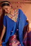 Tasuvure Indes_Blue Pleated Silk Embroidered Floral V Neck Divine Cape With Sharara _at_Aza_Fashions