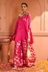 Tasuvure Indes_Pink Brocade Silk Embroidered Floral Veil One Kiri Neck Kaftan With Pant _Online_at_Aza_Fashions