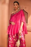 Shop_Tasuvure Indes_Pink Brocade Silk Embroidered Floral Veil One Kiri Neck Kaftan With Pant _Online_at_Aza_Fashions