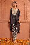 Buy_Tasuvure Indes_Black Satin Silk Embroidered Gara Notched Reyna Embellished Kaftan With Pant _at_Aza_Fashions