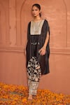 Buy_Tasuvure Indes_Black Satin Silk Embroidered Gara Notched Reyna Embellished Kaftan With Pant _Online_at_Aza_Fashions