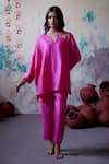 Buy_Deep Thee_Pink Silk Embroidery Zardozi Split V Neck Gullista Kaftan Top And Pant Set _at_Aza_Fashions