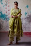 Buy_Deep Thee_Green Silk Embroidery Zardozi Split V Neck And Moti Scallop Kurta Pant Set _Online_at_Aza_Fashions