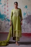 Buy_Deep Thee_Green Silk Embroidery Zardozi Split V Neck And Moti Scallop Kurta Pant Set _at_Aza_Fashions