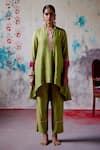 Deep Thee_Green Silk Embroidery Fleur Booti Round Zardozi High Low Kurta And Pant Set _Online_at_Aza_Fashions