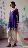 Shop_Deep Thee_Purple Chanderi Embroidered Beads V-neck Short Anarkali Dhoti Pant _Online_at_Aza_Fashions