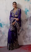 Deep Thee_Purple Dupion Silk Embroidered Beads V-neck Border Saree With Blouse _at_Aza_Fashions