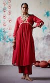 Shop_Deep Thee_Red Chanderi Embroidered Zari V-neck Yoke Gathered Kurta With Pant _Online_at_Aza_Fashions