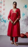 Buy_Deep Thee_Red Chanderi Embroidered Zari V-neck Yoke Gathered Kurta With Pant _at_Aza_Fashions