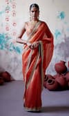 Buy_Deep Thee_Orange Dupion Embroidered Zari V-neck Saree With Blouse _at_Aza_Fashions