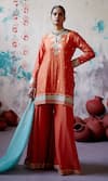 Buy_Deep Thee_Orange Silk Embroidered Zari Notched Floral Applique Kurta Sharara Set _at_Aza_Fashions