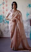 Buy_Deep Thee_Peach Organza Embroidered Zari V-neck Floral Jaal Saree With Blouse _at_Aza_Fashions