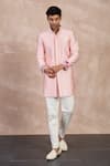 Buy_Arjan Dugal_Pink Chanderi Silk Embroidered Resham Floral Printed Sleeve Cuff Kurta With Pant _Online_at_Aza_Fashions