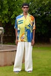 Shop_TRIUNE_Yellow Rayon Dobby Printed Beach Coast Line Shirt _at_Aza_Fashions