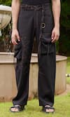 Shop_TRIUNE_Black Cotton Threadwork Sun In Moon Cargo Pant _at_Aza_Fashions