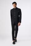 Buy_S&N by Shantnu Nikhil_Black Poly-spandex Suiting Woven Textured Faux Leather Bandhgala _at_Aza_Fashions