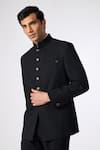 S&N by Shantnu Nikhil_Black Poly-spandex Suiting Woven Textured Faux Leather Bandhgala _Online_at_Aza_Fashions