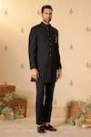 Buy_S&N by Shantnu Nikhil_Black Heavy Weight Twill In Rayon Blend Plain Swirl Buttoned Up Sherwani _Online_at_Aza_Fashions