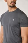 S&N by Shantnu Nikhil_Grey Viscose Nylon Blend Placement Embroidery Batman Logo T-shirt _Online_at_Aza_Fashions