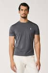 Shop_S&N by Shantnu Nikhil_Grey Viscose Nylon Blend Placement Embroidery Batman Logo T-shirt _Online_at_Aza_Fashions