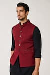 Buy_S&N by Shantnu Nikhil_Red Terylene Plain Pintuck Panelled Waistcoat _Online_at_Aza_Fashions