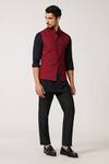 Shop_S&N by Shantnu Nikhil_Red Terylene Plain Pintuck Panelled Waistcoat _Online_at_Aza_Fashions