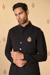 S&N by Shantnu Nikhil_Black Heavyweight Twill In Rayon Blend Plain Logo Crest Embroidered Nehru Jacket _Online_at_Aza_Fashions