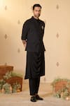 Shop_S&N by Shantnu Nikhil_Black Heavyweight Twill In Rayon Blend Plain Logo Crest Embroidered Nehru Jacket _Online_at_Aza_Fashions