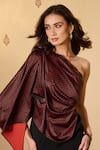 Shop_S&N by Shantnu Nikhil_Brown 100% Silk Printed Adamas One Shoulder Draped Top _Online_at_Aza_Fashions