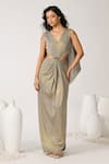 Buy_S&N by Shantnu Nikhil_Gold Foil Embellished V Neck Draped Shoulder Gown _at_Aza_Fashions