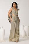 S&N by Shantnu Nikhil_Gold Foil Embellished V Neck Draped Shoulder Gown _Online_at_Aza_Fashions