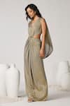 Shop_S&N by Shantnu Nikhil_Gold Foil Embellished V Neck Draped Shoulder Gown _Online_at_Aza_Fashions