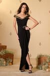 Buy_S&N by Shantnu Nikhil_Black Jersey V Neck Embellished Waist Gown _at_Aza_Fashions