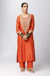 Buy_Pants and Pajamas_Orange Silk Chanderi Embroidery Floral Round Neck Kurta _at_Aza_Fashions