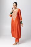 Pants and Pajamas_Orange Silk Chanderi Embroidery Floral Round Neck Kurta _Online_at_Aza_Fashions