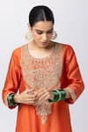 Buy_Pants and Pajamas_Orange Silk Chanderi Embroidery Floral Round Neck Kurta _Online_at_Aza_Fashions