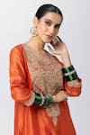 Shop_Pants and Pajamas_Orange Silk Chanderi Embroidery Floral Round Neck Kurta _Online_at_Aza_Fashions